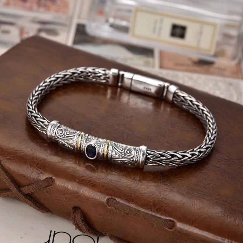 S925 Silver New European and American Style Heavy Industry Dragon Bone Weaving Diamond Set Bracelet Chain Width 6mm Weight Approximately 31g Retro Chain