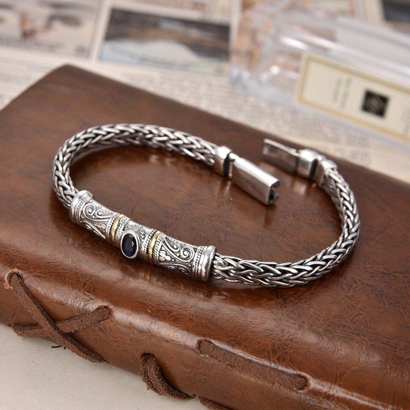 S925 Silver New European and American Style Heavy Industry Dragon Bone Weaving Diamond Set Bracelet Chain Width 6mm Weight Approximately 31g Retro Chain