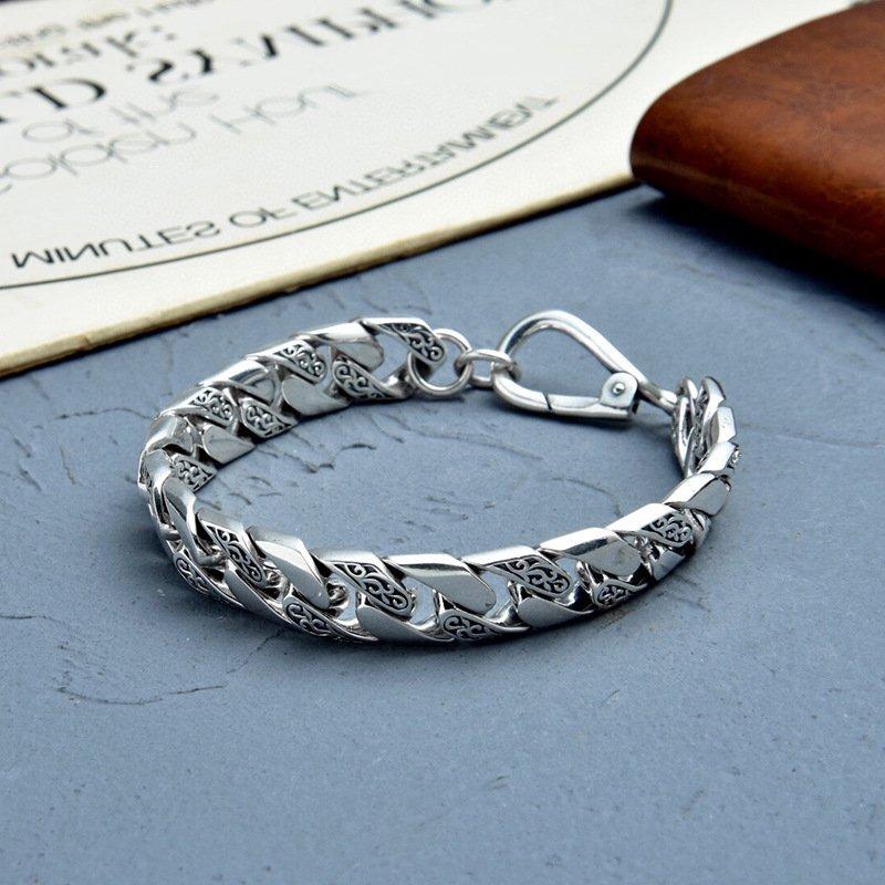 S925 Silver New Full body Vine Grass Pattern Personalized Simple Men's Bracelet Chain Width 12mm Heavy Industry Versatile Bracelet Jewelry