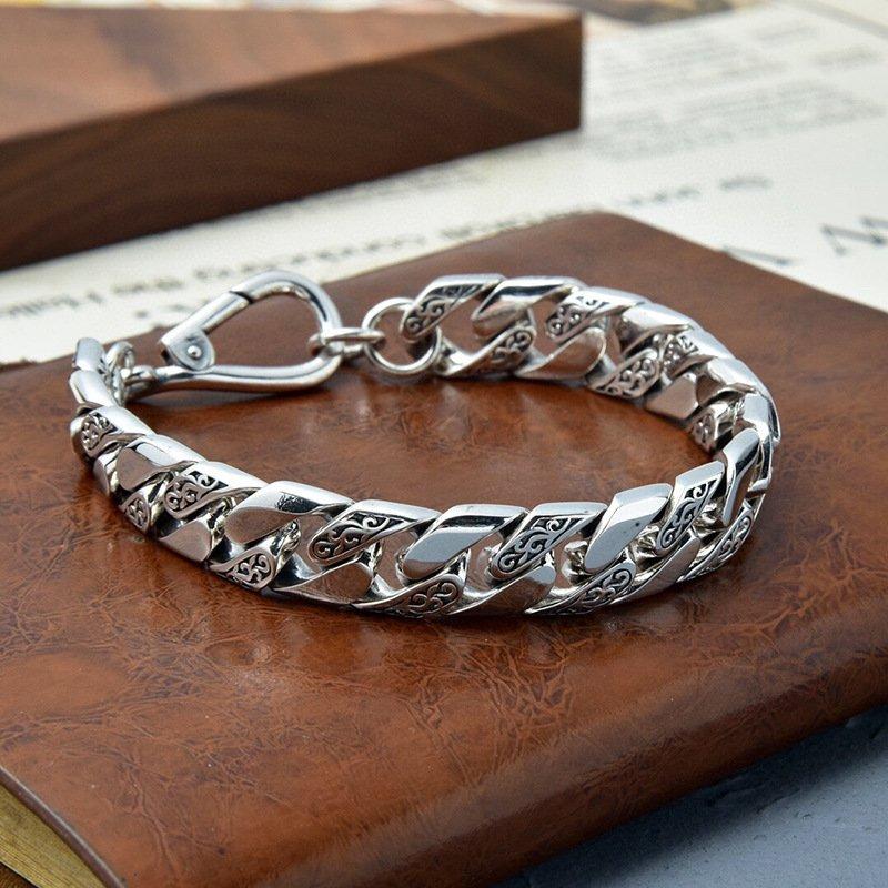 S925 Silver New Full body Vine Grass Pattern Personalized Simple Men's Bracelet Chain Width 12mm Heavy Industry Versatile Bracelet Jewelry