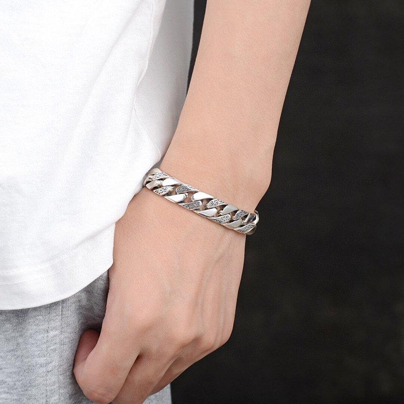 S925 Silver New Full body Vine Grass Pattern Personalized Simple Men's Bracelet Chain Width 12mm Heavy Industry Versatile Bracelet Jewelry