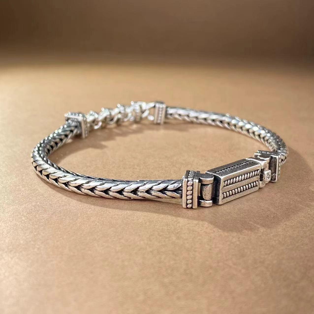 S925 Silver New Knitted Bracelet Art Retro Style Men's Personalized Hip Hop Punk Texture Fashion Bracelet