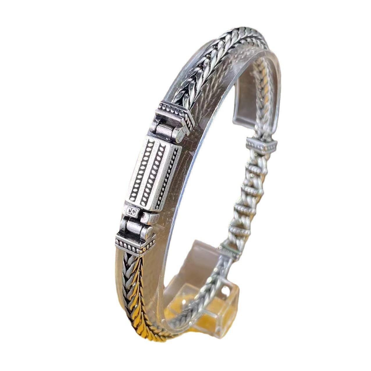 S925 Silver New Knitted Bracelet Art Retro Style Men's Personalized Hip Hop Punk Texture Fashion Bracelet