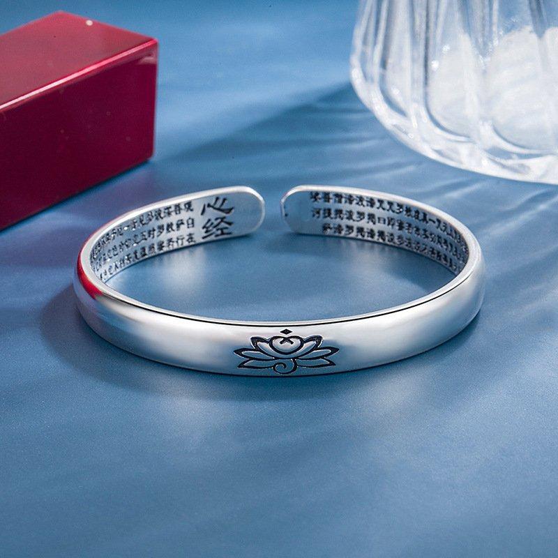 S925 Silver New Retro Style Plain Circle Lotus Heart Sutra Bracelet Ethnic Style Solid Opening Bracelet Holiday Gift