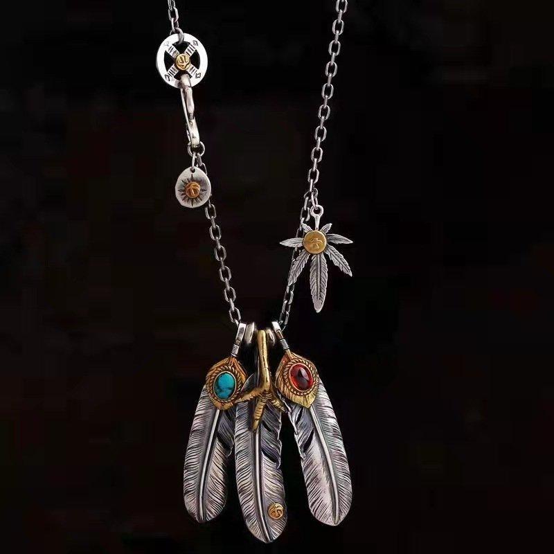 S925 Silver New Type Tai Jiao Chain Set, Takahashi Goro Style Turquoise Feather Necklace, Women's and Men's Sweater Chain