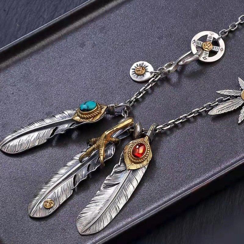 S925 Silver New Type Tai Jiao Chain Set, Takahashi Goro Style Turquoise Feather Necklace, Women's and Men's Sweater Chain