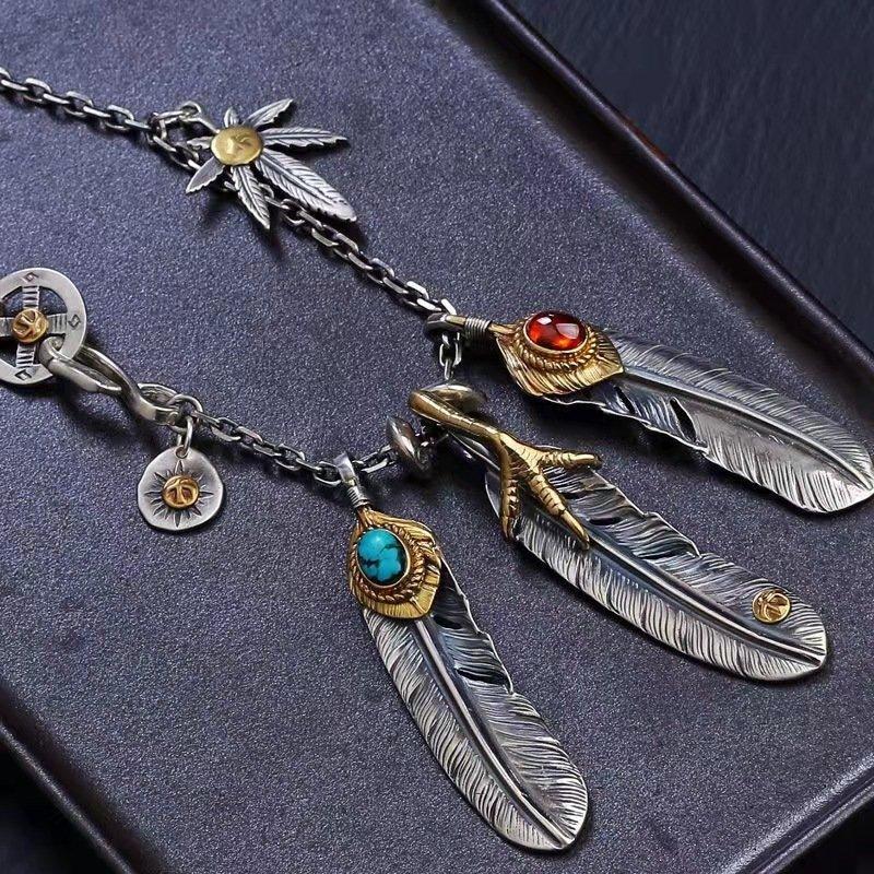 S925 Silver New Type Tai Jiao Chain Set, Takahashi Goro Style Turquoise Feather Necklace, Women's and Men's Sweater Chain