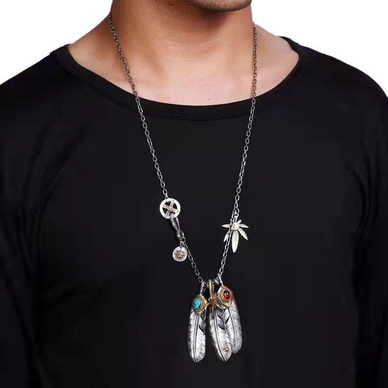 S925 Silver New Type Tai Jiao Chain Set, Takahashi Goro Style Turquoise Feather Necklace, Women's and Men's Sweater Chain