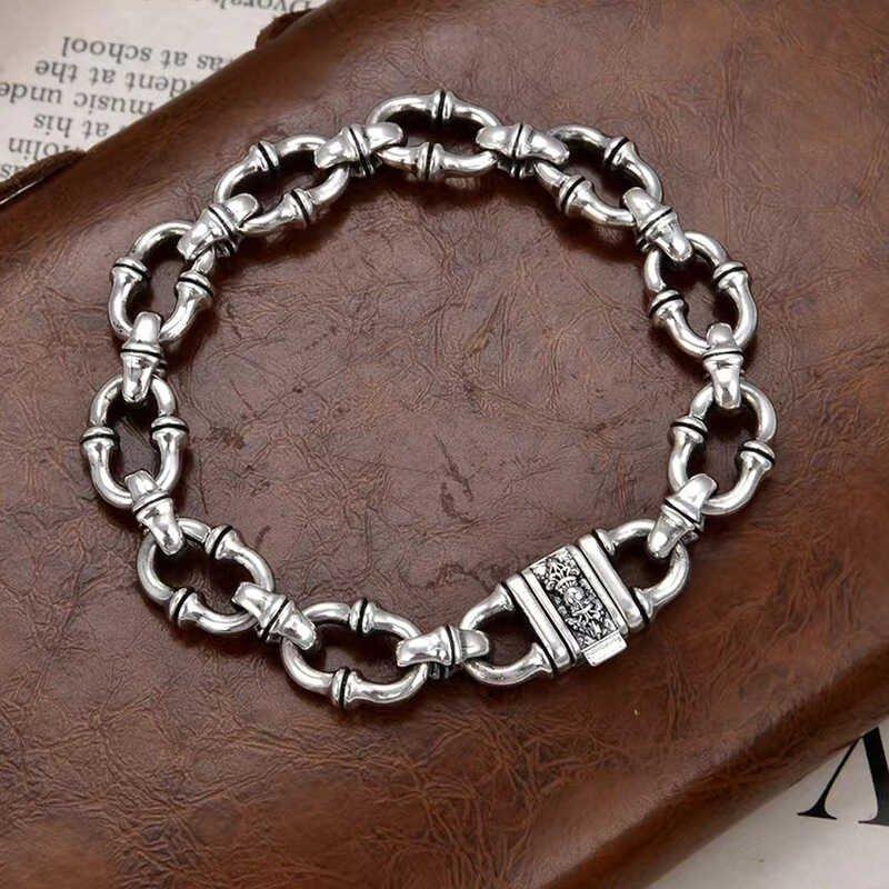 S925 Silver New Vintage Horseshoe Ring Bracelet China-Chic Style Vajra Knot Geometric Bamboo Simple Thick Bracelet