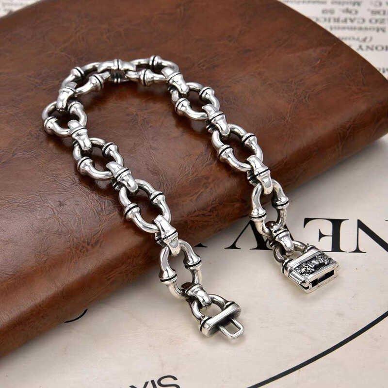 S925 Silver New Vintage Horseshoe Ring Bracelet China-Chic Style Vajra Knot Geometric Bamboo Simple Thick Bracelet