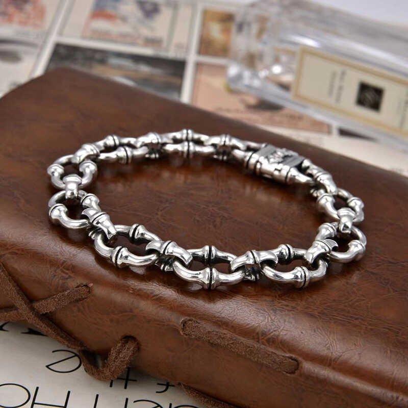 S925 Silver New Vintage Horseshoe Ring Bracelet China-Chic Style Vajra Knot Geometric Bamboo Simple Thick Bracelet