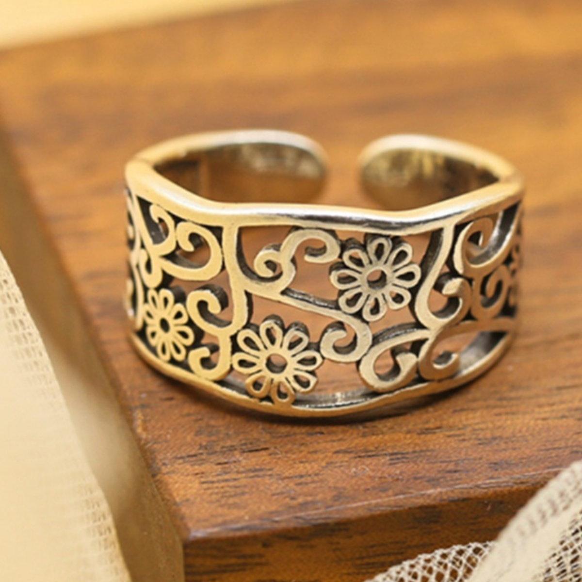 S925 Silver Open Hollow Pattern Ring for Women, Retro, Vintage, Imperial, Finger Ring, Plant, Flower