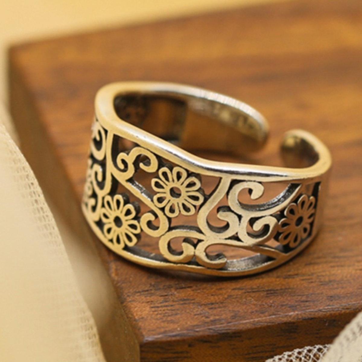 S925 Silver Open Hollow Pattern Ring for Women, Retro, Vintage, Imperial, Finger Ring, Plant, Flower