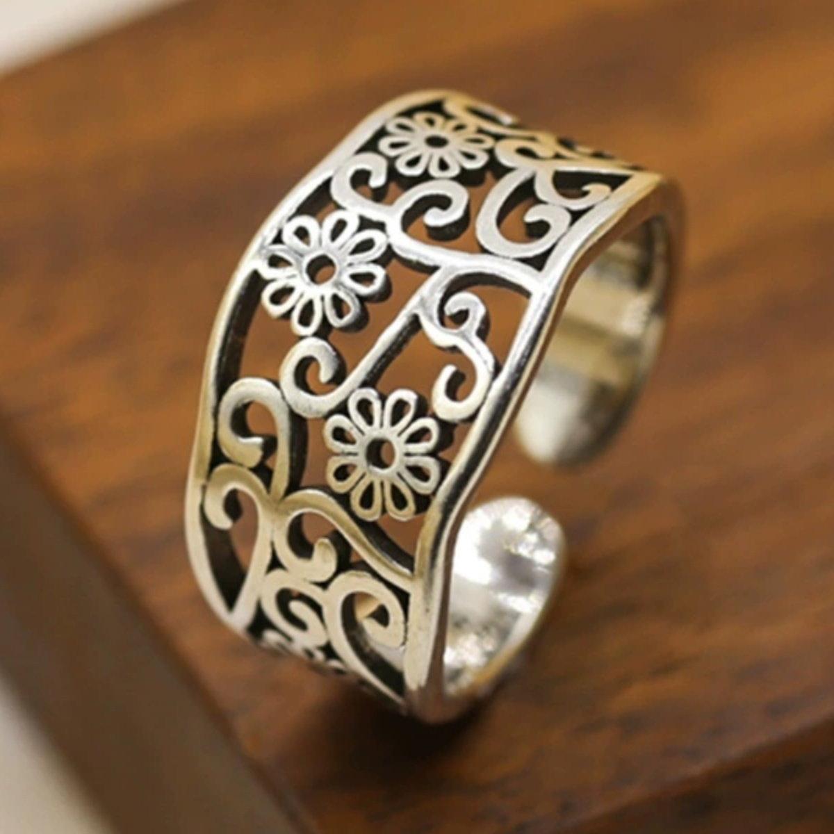 S925 Silver Open Hollow Pattern Ring for Women, Retro, Vintage, Imperial, Finger Ring, Plant, Flower