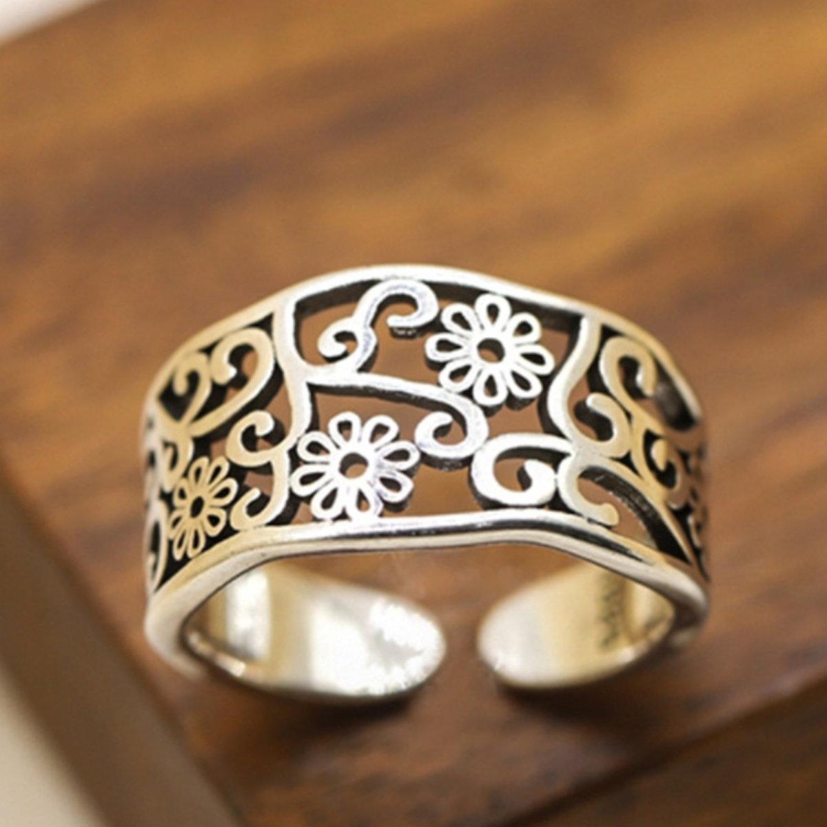 S925 Silver Open Hollow Pattern Ring for Women, Retro, Vintage, Imperial, Finger Ring, Plant, Flower