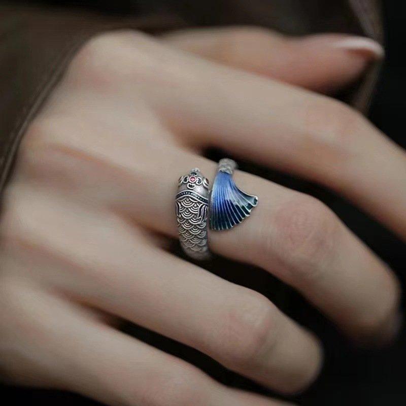 S925 Silver Personalized Retro Koi Ring Men's and Women's Ethnic Style Thai Silver Adjustable Creative Finger Ring