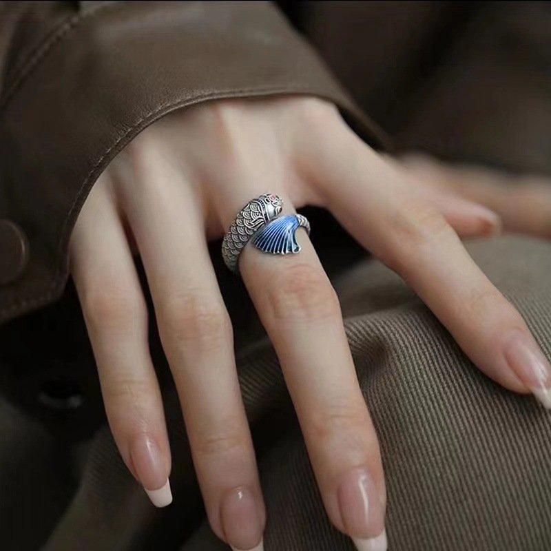 S925 Silver Personalized Retro Koi Ring Men's and Women's Ethnic Style Thai Silver Adjustable Creative Finger Ring