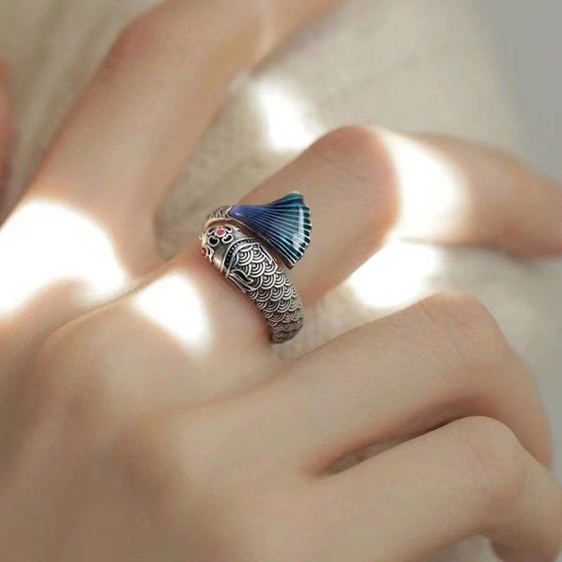 S925 Silver Personalized Retro Koi Ring Men's and Women's Ethnic Style Thai Silver Adjustable Creative Finger Ring