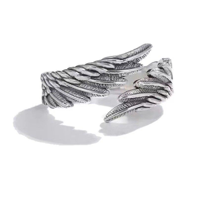 S925 Silver Retro Thai Silver Angel Wing Ring, Simple and Creative, Guarding Feather Tide, Doing Old, Personalized, Open for Men and Women