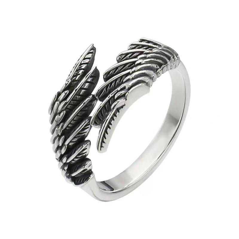 S925 Silver Retro Thai Silver Angel Wing Ring, Simple and Creative, Guarding Feather Tide, Doing Old, Personalized, Open for Men and Women