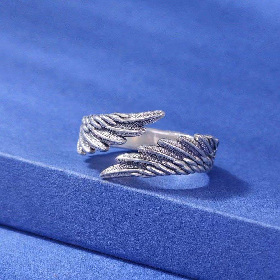 S925 Silver Retro Thai Silver Angel Wing Ring, Simple and Creative, Guarding Feather Tide, Doing Old, Personalized, Open for Men and Women