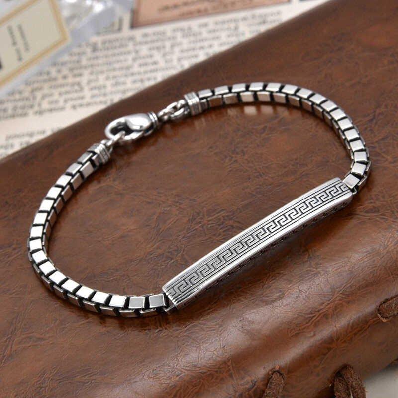 S925 Silver Retro Trendy Square Loop Chain Cloud Thunder Pattern Retro Light Luxury Niche Trendy Fashion Matching with Men's and Women's Personalized Solid