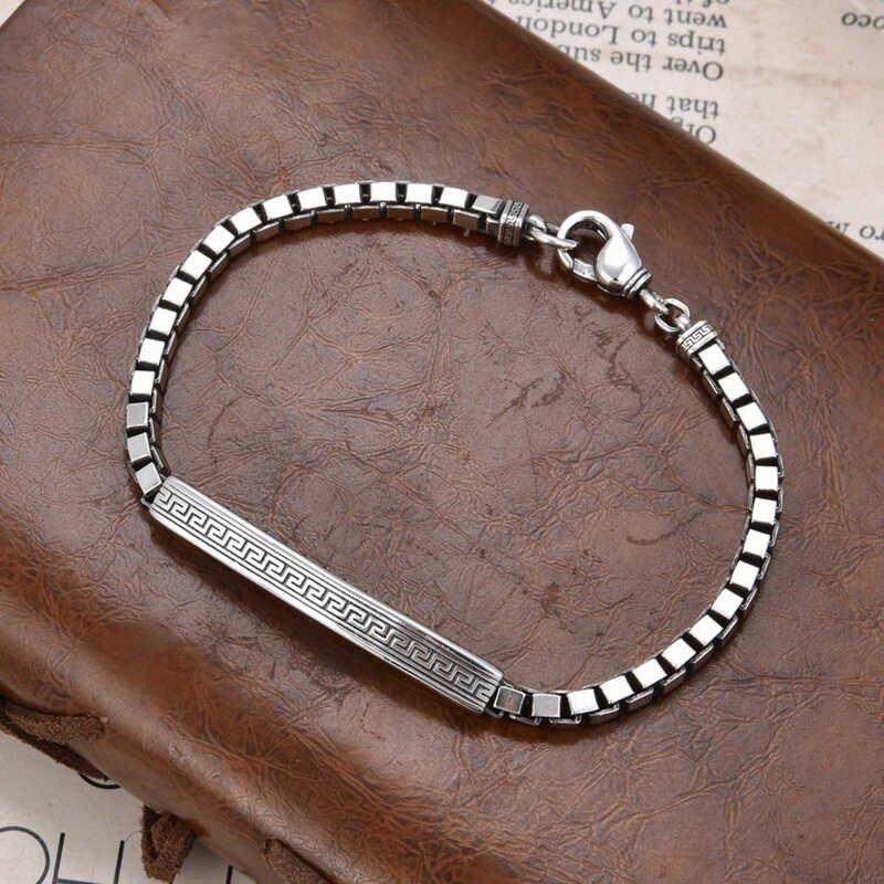 S925 Silver Retro Trendy Square Loop Chain Cloud Thunder Pattern Retro Light Luxury Niche Trendy Fashion Matching with Men's and Women's Personalized Solid