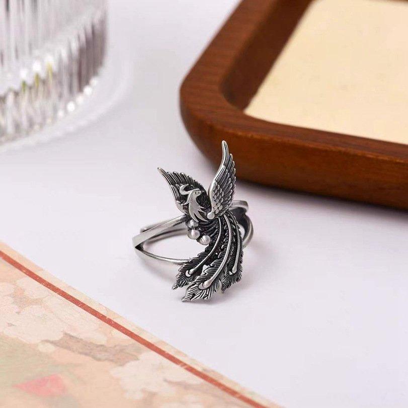 S925 Silver Retro Vintage Craftsmanship Peacock Phoenix Ring for Women with High Beauty, Personalized Literary Style, and Lively Mouth Ring for Women