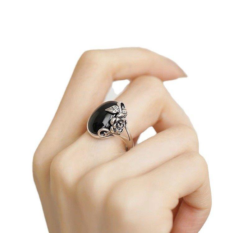 S925 Silver black rose imitation chalcedony ring for ladies Small crowd luxury retro design National style literature China-Chic