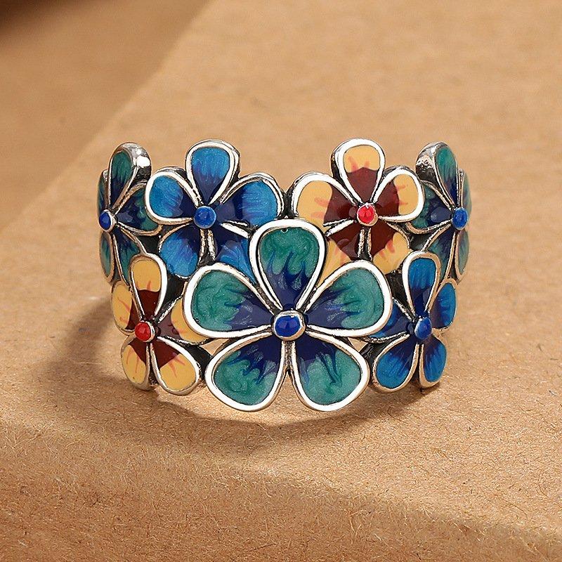 S925 cloisonn é enamel flower like brocade ring for women, grand retro ethnic style, adjustable opening, creative index finger