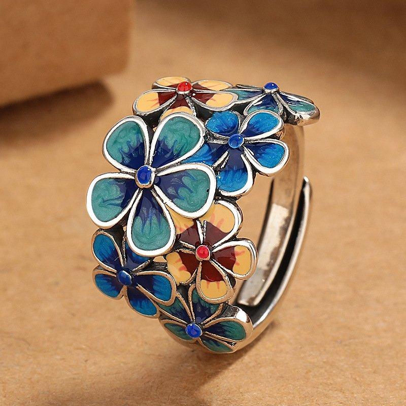 S925 cloisonn é enamel flower like brocade ring for women, grand retro ethnic style, adjustable opening, creative index finger