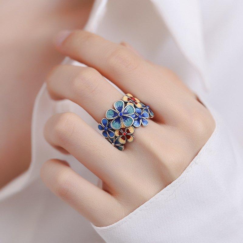 S925 cloisonn é enamel flower like brocade ring for women, grand retro ethnic style, adjustable opening, creative index finger