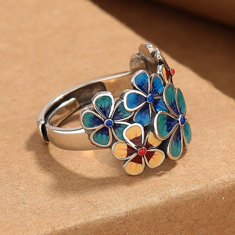 S925 cloisonn é enamel flower like brocade ring for women, grand retro ethnic style, adjustable opening, creative index finger