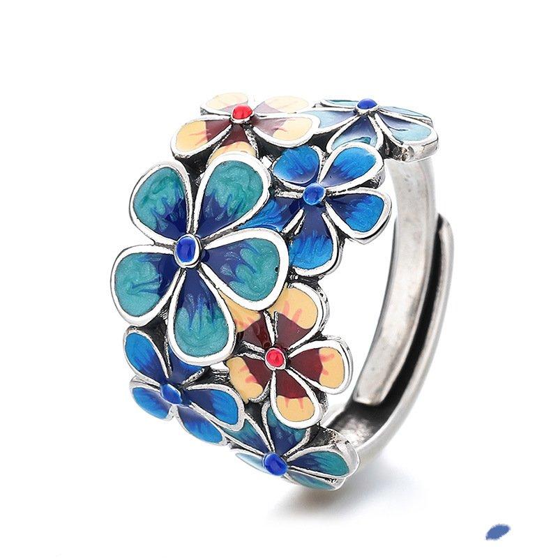 S925 cloisonn é enamel flower like brocade ring for women, grand retro ethnic style, adjustable opening, creative index finger