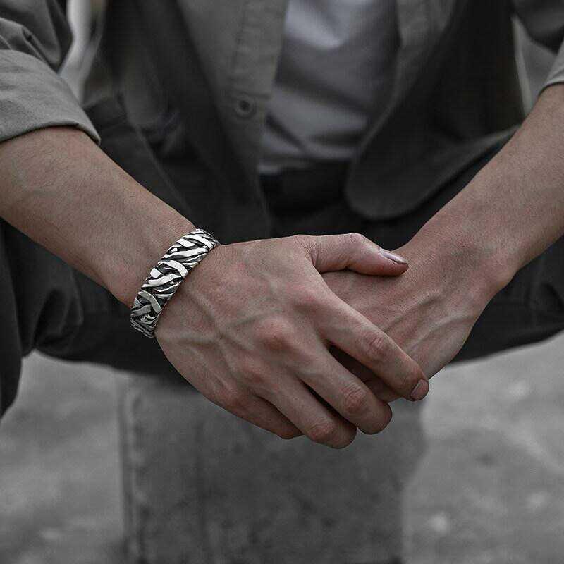 S925 silver Thai hand woven bracelet for men, fashionable, personalized, retro, niche, open mouth bracelet for men, wide bracelet for men