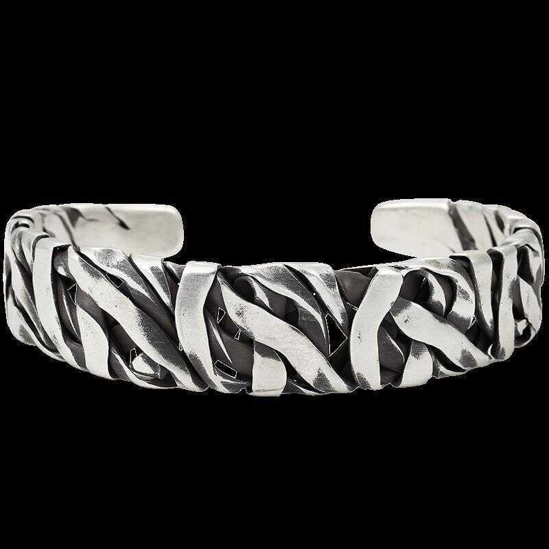 S925 silver Thai hand woven bracelet for men, fashionable, personalized, retro, niche, open mouth bracelet for men, wide bracelet for men