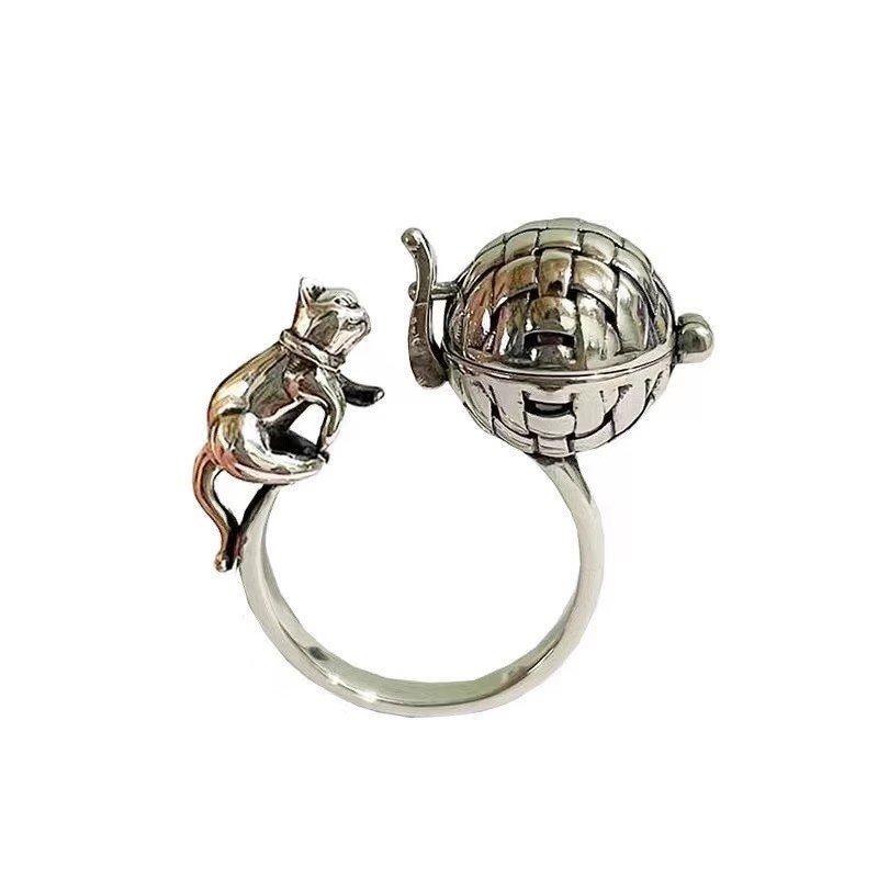 S925 silver antique style vintage hollowed out aromatherapy ball, cat ring, niche cute open mouth ring, women's sachet, fragrance pill