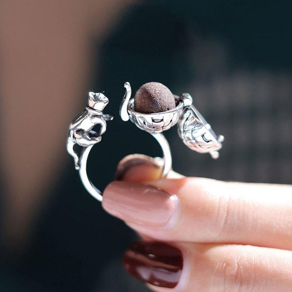 S925 silver antique style vintage hollowed out aromatherapy ball, cat ring, niche cute open mouth ring, women's sachet, fragrance pill