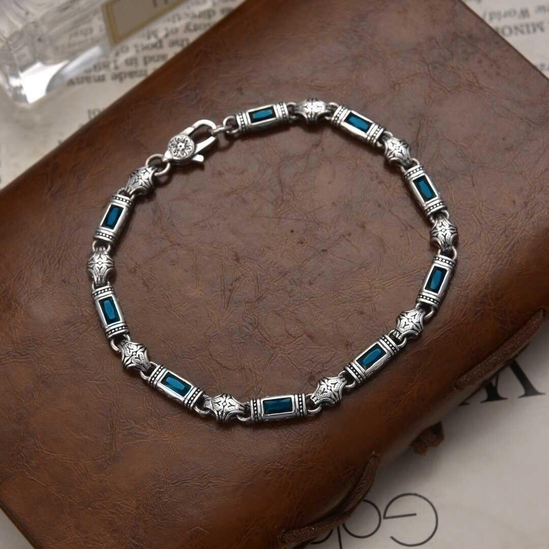 S925 silver bracelet new heavy industry Türkiye style Tang grass pattern stone inlaid width 5mm men and women's new generous fashion