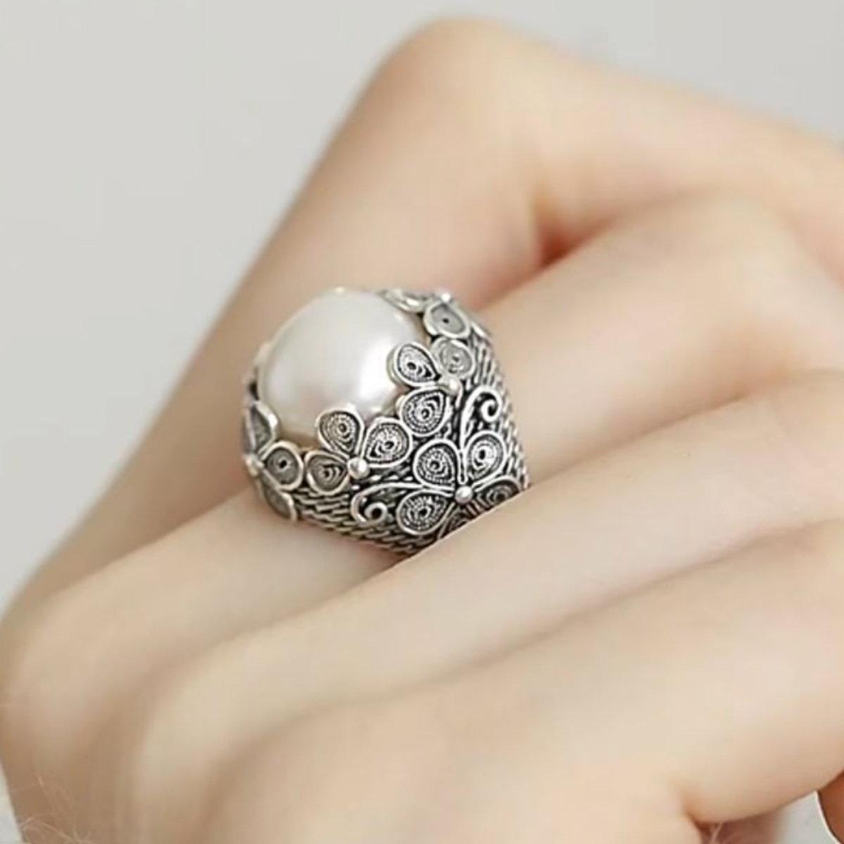 S925 silver filigree inlaid ring female retro fashion flower temperament literary style luxury high-level opening