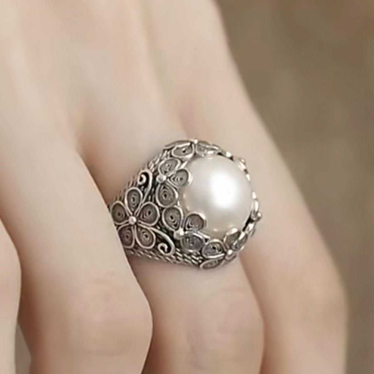 S925 silver filigree inlaid ring female retro fashion flower temperament literary style luxury high-level opening