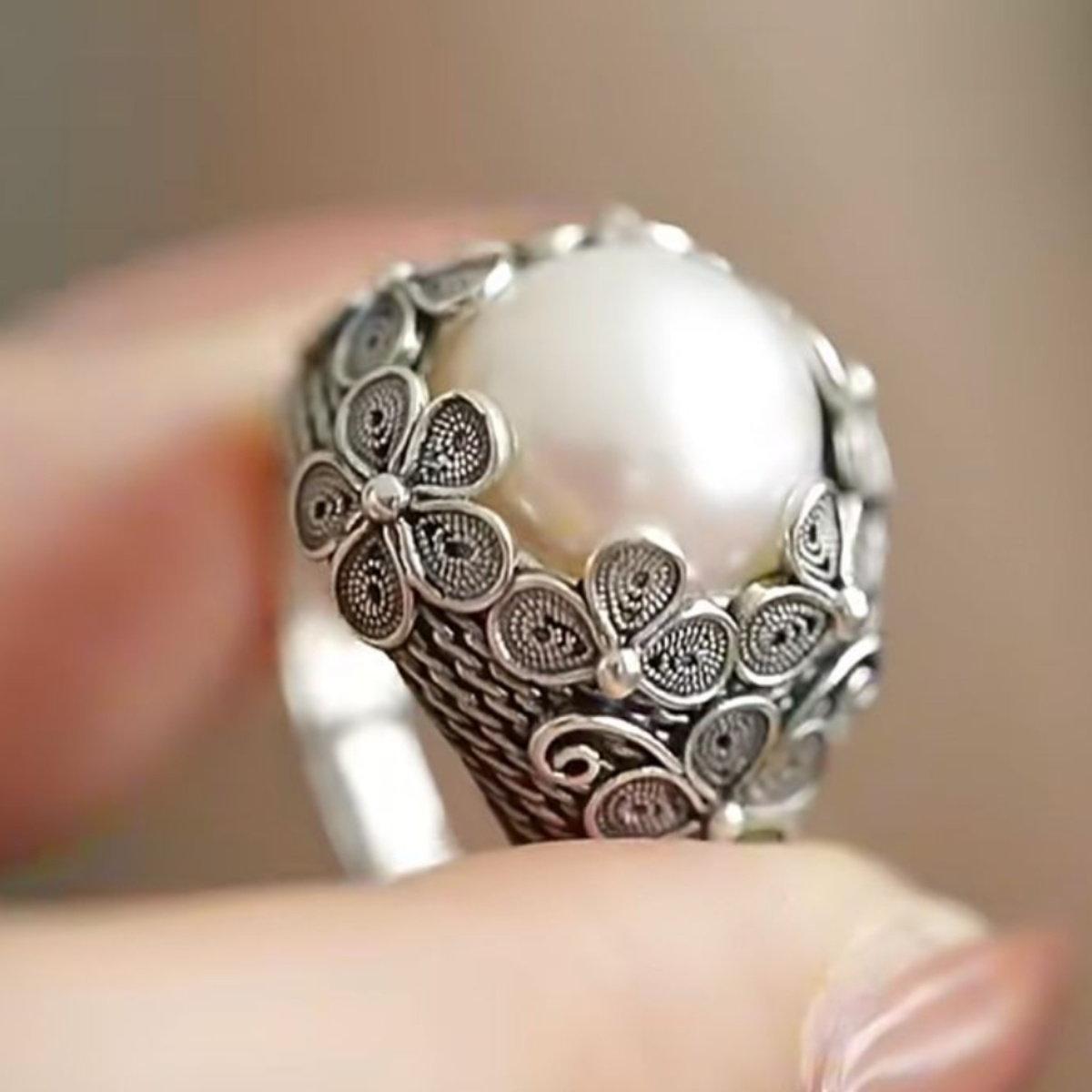 S925 silver filigree inlaid ring female retro fashion flower temperament literary style luxury high-level opening