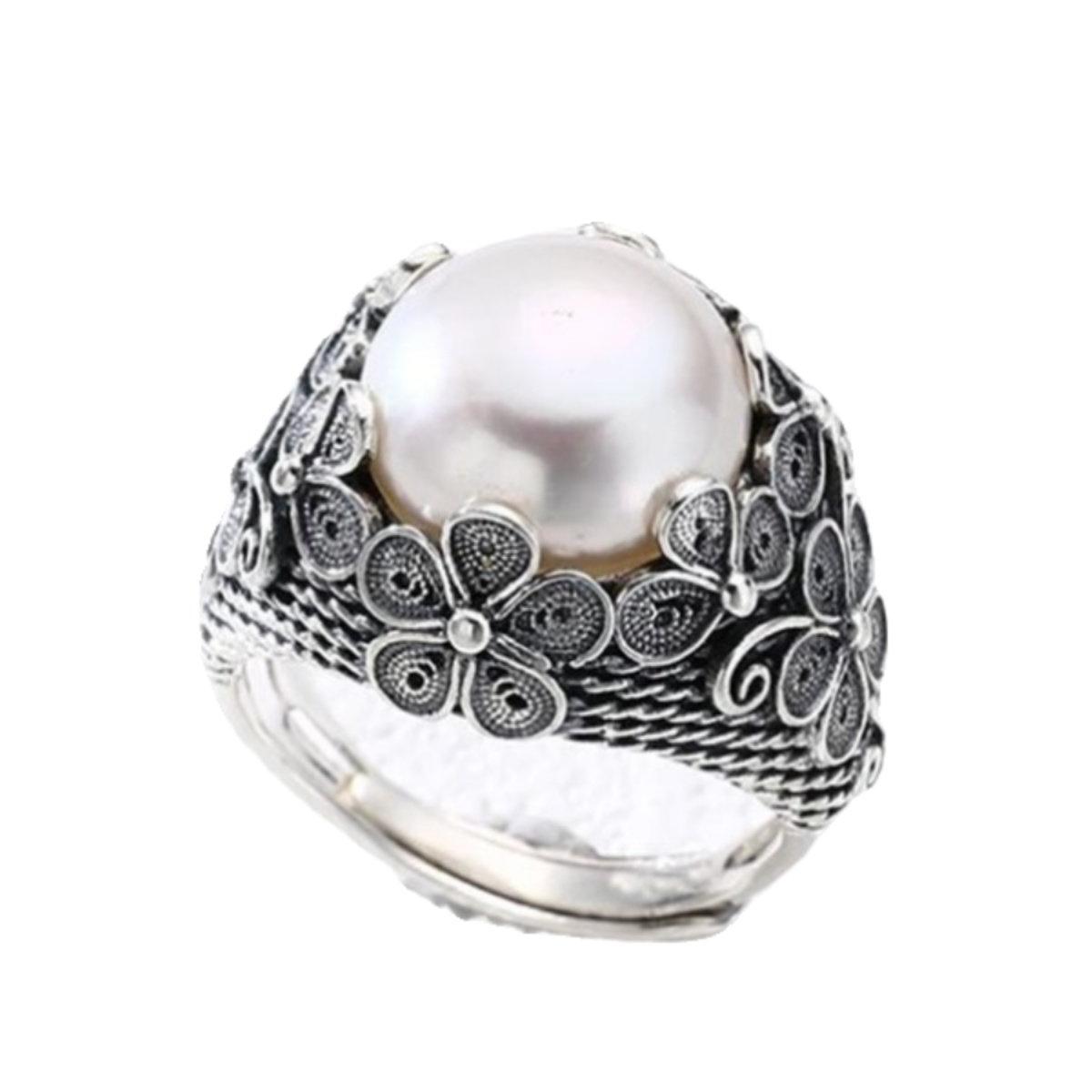 S925 silver filigree inlaid ring female retro fashion flower temperament literary style luxury high-level opening