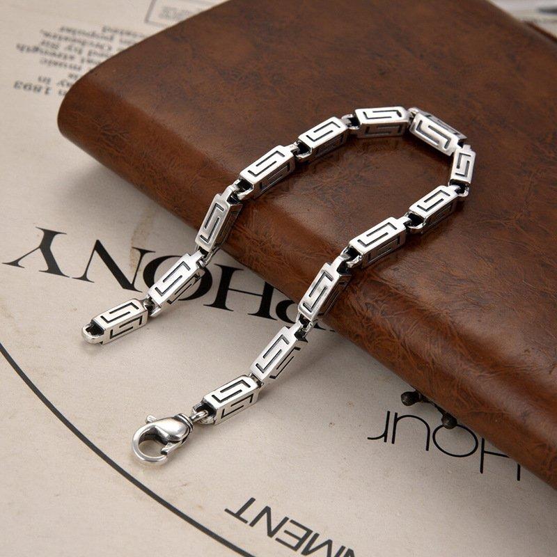 S925 silver new China-Chic style personality square chain wide bracelet handsome weight about 45g men's and women's silver jewelry