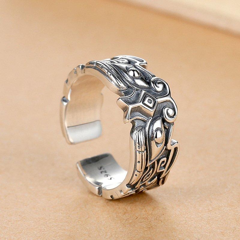 S925 silver new gluttonous ring male personality trendy man divine beast retro domineering China-Chic style opening adjustment single ring