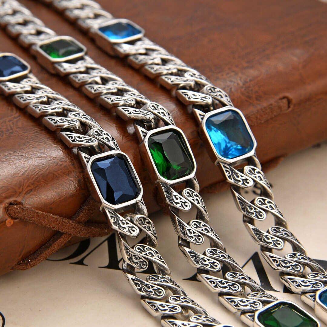 S925 silver retro vintage vintage new handmade Tang grass pattern diamond inlaid bracelet for men and women, personalized hip-hop fashion chain