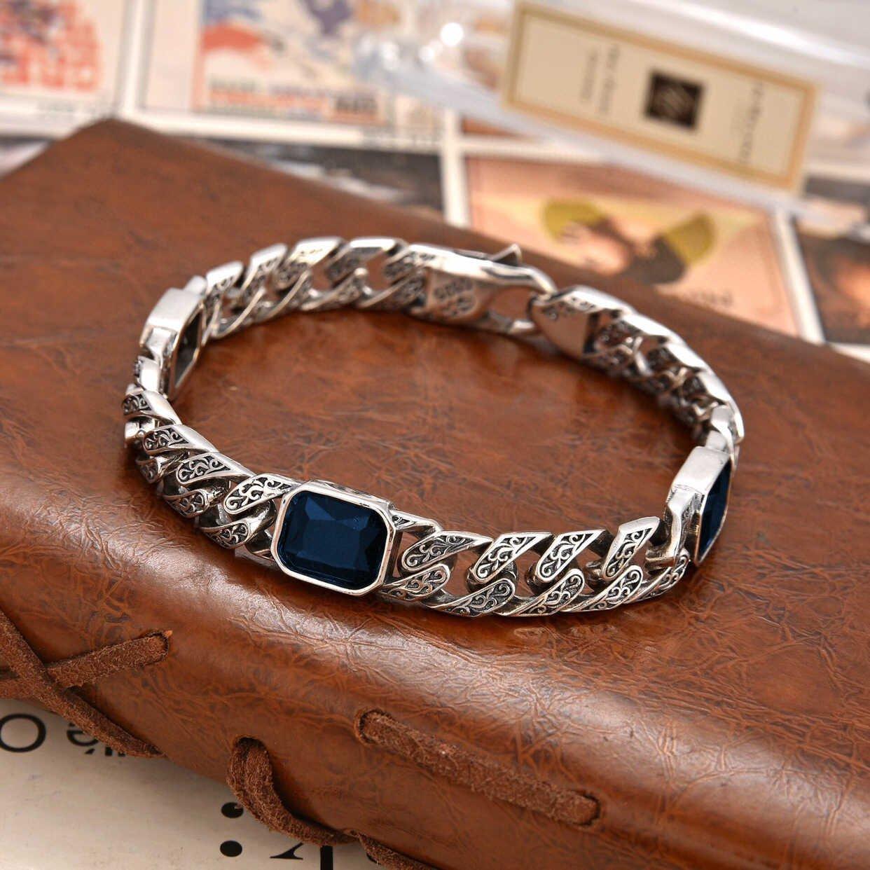 S925 silver retro vintage vintage new handmade Tang grass pattern diamond inlaid bracelet for men and women, personalized hip-hop fashion chain