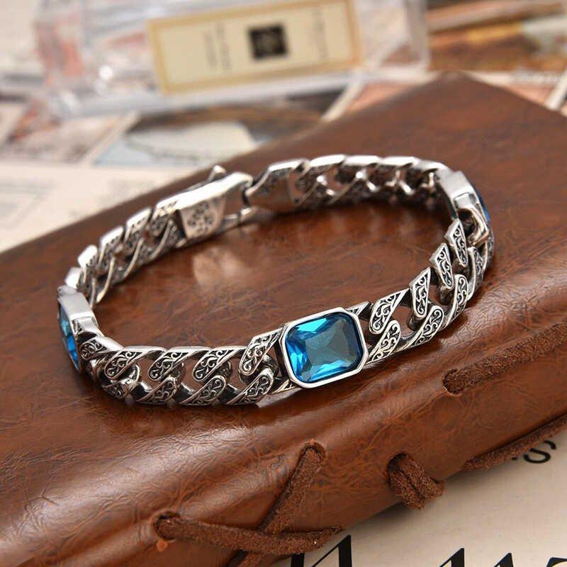 S925 silver retro vintage vintage new handmade Tang grass pattern diamond inlaid bracelet for men and women, personalized hip-hop fashion chain