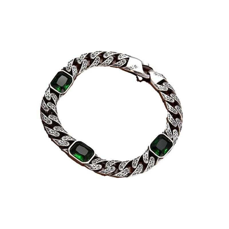 S925 silver retro vintage vintage new handmade Tang grass pattern diamond inlaid bracelet for men and women, personalized hip-hop fashion chain