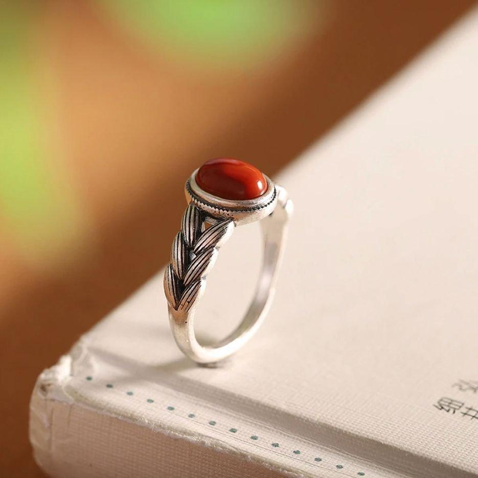 S925 silver retro vintage vintage wheat ear and wheat ring, women's ethnic style imitation of southern red literary and national style jewelry, adjustable opening